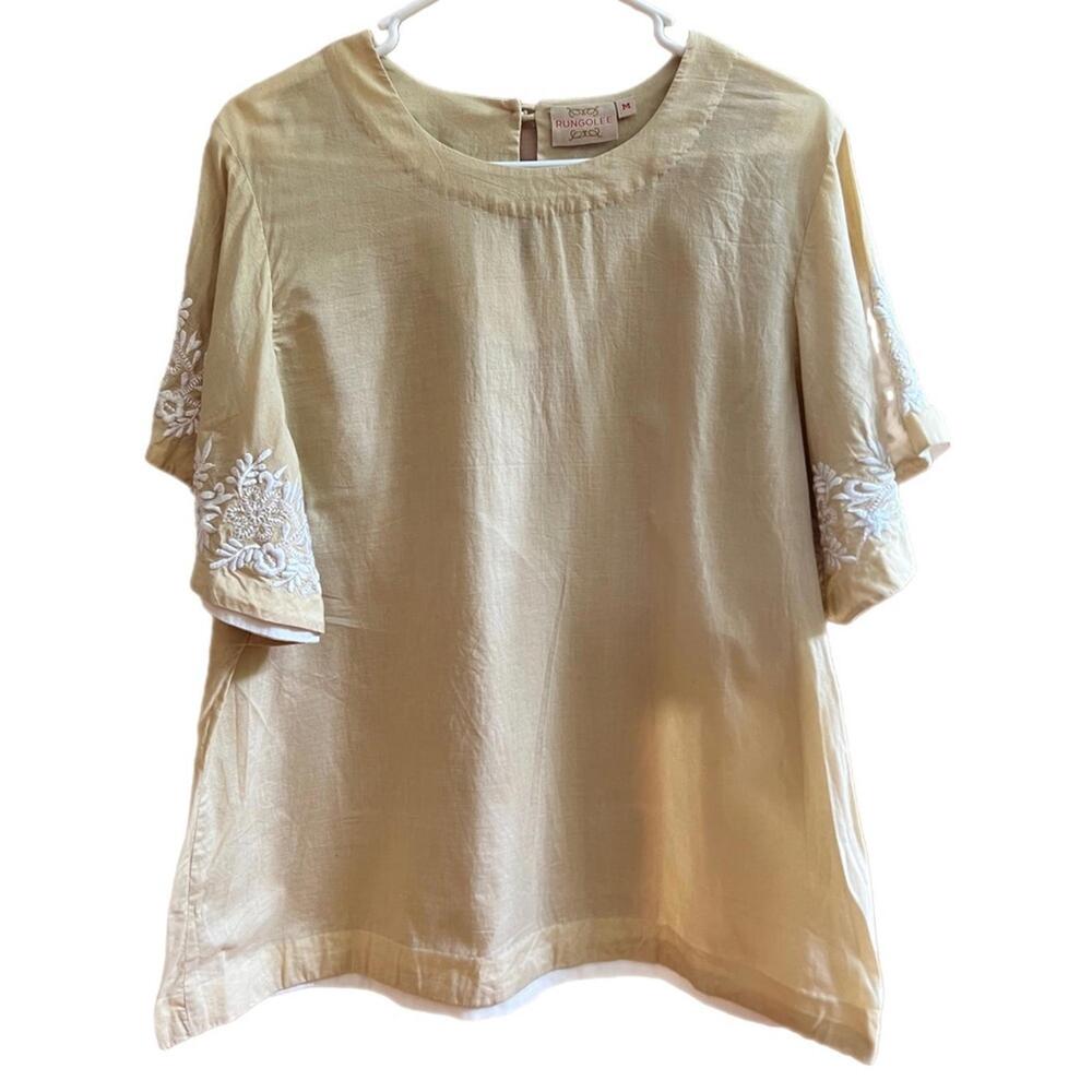 RUNGOLEE‎ tan & white embroidered blouse - M